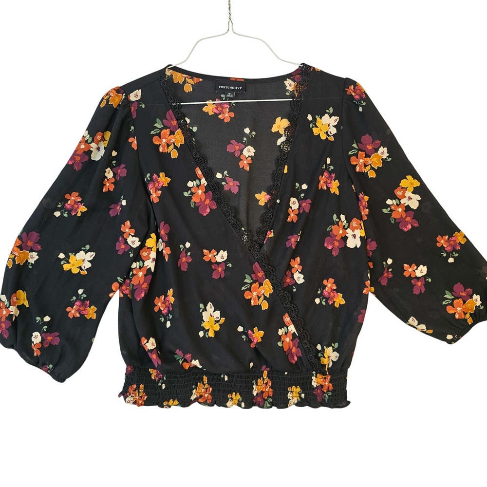 Fortune + Ivy Black Floral Lace Trim Smocked Surplice Blouse Medium